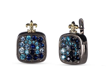 Sterling Silver Earrings Adorned with Blue Stones, Rhodium Plated Victorian Style Fleur De Lis, Heraldry Lily Royalty Symbol Ring