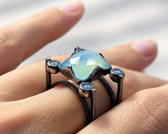 Chalcedony Silver Ring, Modern Design Jewelry, Bold Gemstone, Geometric Architectural, Oxidized Silver US size 7.5