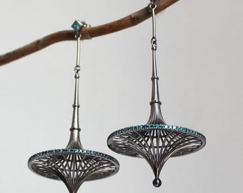 Silver Long Earrings, Dangle Drop  Elegant earrings, Statement earrings, Architectural Geometric design jewelry,  Rhodium plated silver,