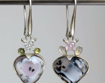 Sterling Silver Handmade Earrings with Dendritic Opal, Moonstones, Zirconia, Peridots   Winter Landscape Gemstone One Of A Kind Earrings