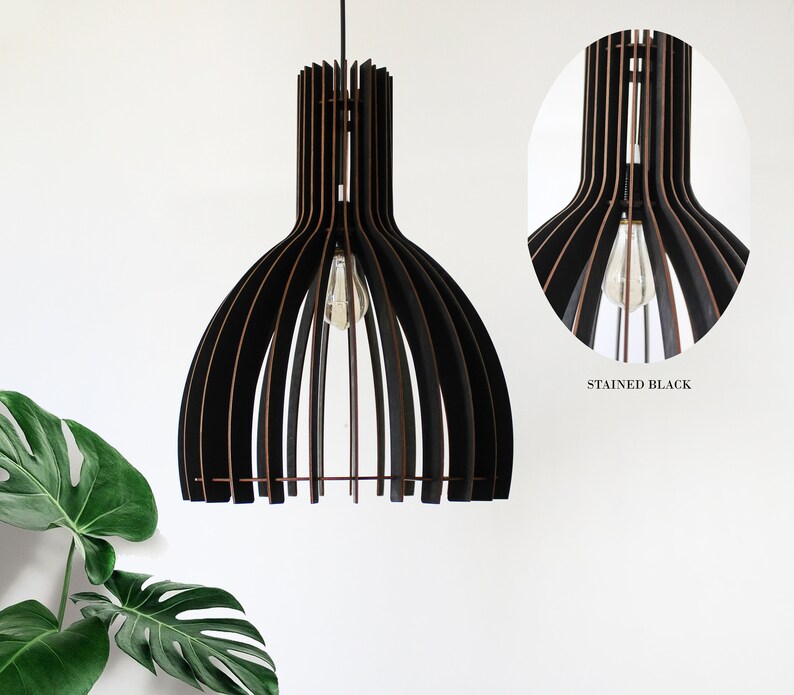 black pendant light, made of wood, Geometric lamp shade, Minimalist scandinavian pendant light