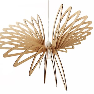 May include: A wooden pendant light fixture with a unique design resembling a stylized butterfly. The light fixture is made of multiple thin, curved pieces of wood that are arranged in a fan-like pattern.