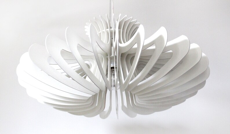 May include: A white, modern, geometric ceiling light fixture with a unique, organic design. The light fixture is made of multiple layers of thin, curved wood panels that create a delicate and airy look.