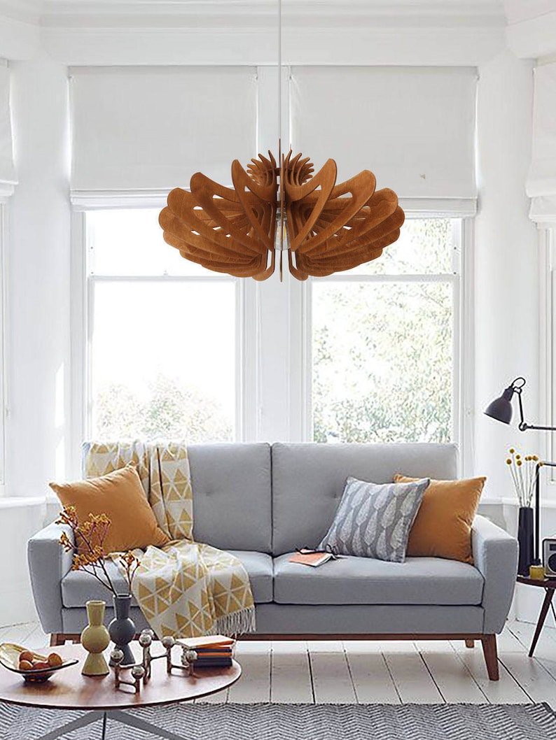 statement pendant light made of wood, circle shape from above and curly from the front, you can choose any color, and size
