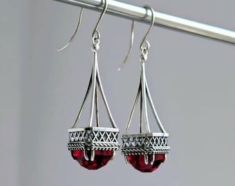 Silver Dangle Drop Earrings, Elegant with Blue Or Red Crystal Teardrop, Geometric Structural Design, Statement Earrings, Handcrafted