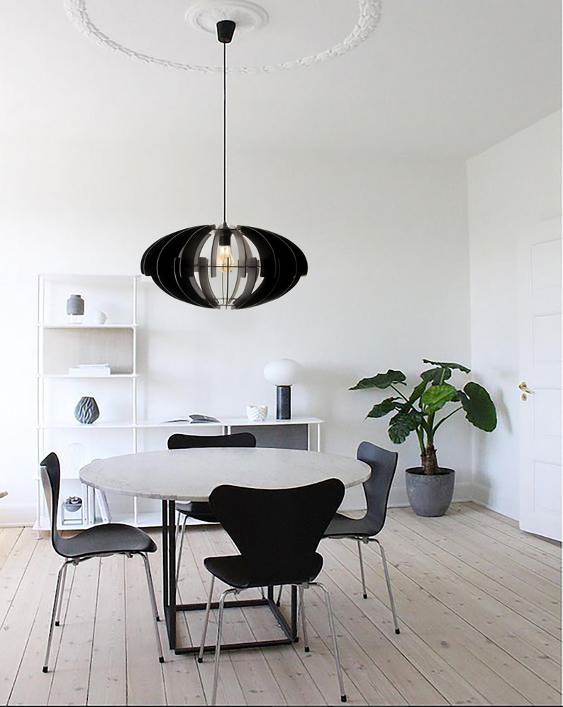 black oval Chandelier, Modern pendant light made of wood, geometric design