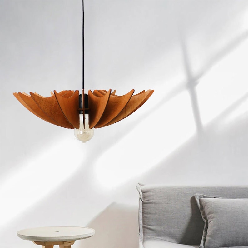 pendant light half sphere  shape , reminding umbrella, made of wood Scandinavian style light