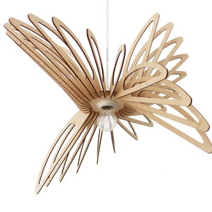 May include: A wooden pendant light fixture shaped like a stylized flower with multiple layers of thin, curved wooden pieces. The light fixture is suspended from a white cord and has a single light bulb.