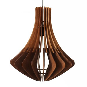 May include: A wooden pendant light fixture with a unique, layered design. The fixture is made of multiple curved wooden slats, creating a flared shape. The wood has a warm, natural tone, and the light hangs from a black cord.