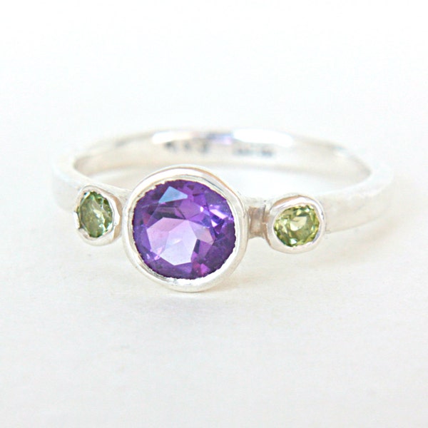 SALE 50% OFF Amethyst and Peridot Ring Triple Stone Ring Sterling Silver Promise Ring Amethyst Engagement Ring Ring Size 7US