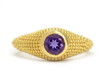 Mystic Blue Topaz Rose Gold Ring Round Mystic Garden Blue Topaz Ring Granulation Milgrain Signet Amethyst Gold Ring Size 7.25US