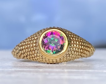 Mystic Blue Topaz Rose Gold Ring Round Mystic Garden Blue Topaz Ring Granulation Milgrain Signet Amethyst Gold Ring Size 7.25US