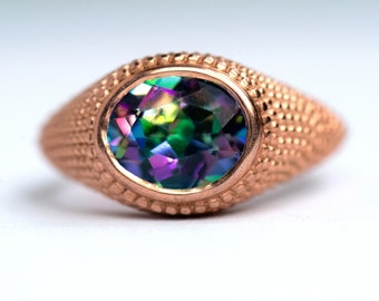 Mystic Blue Topaz Rose Gold Ring Round Mystic Garden Blue Topaz Ring Granulation Milgrain Signet Amethyst Gold Ring Size 7.25US