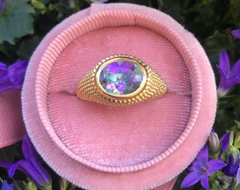 Mystic Blue Topaz Rose Gold Ring Round Mystic Garden Blue Topaz Ring Granulation Milgrain Signet Amethyst Gold Ring Size 7.25US