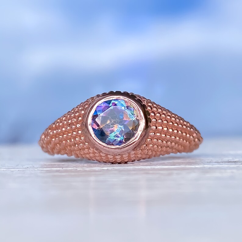 Mystic Blue Topaz Rose Gold Ring Round Mystic Garden Blue Topaz Ring Granulation Milgrain Signet Amethyst Gold Ring Size 7.25US