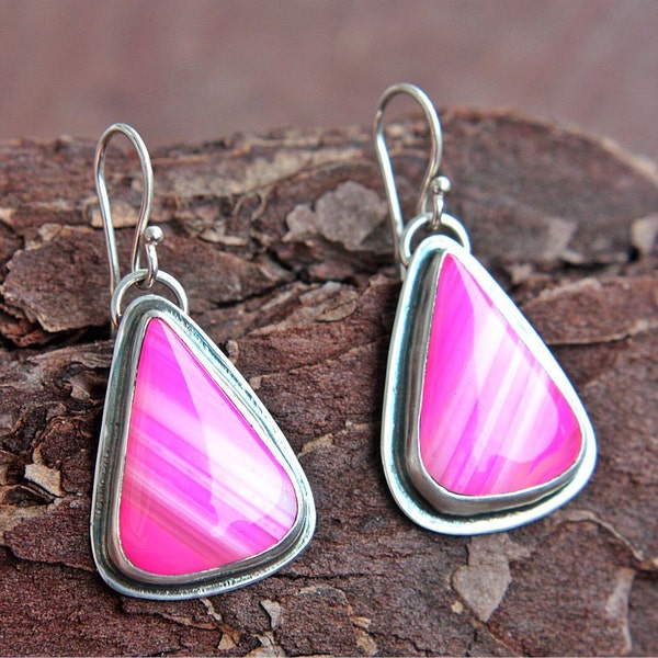 Hot Pink Earrings Fuchsia Dangle Sterling Silver Agate Silversmithed Metalsmithed