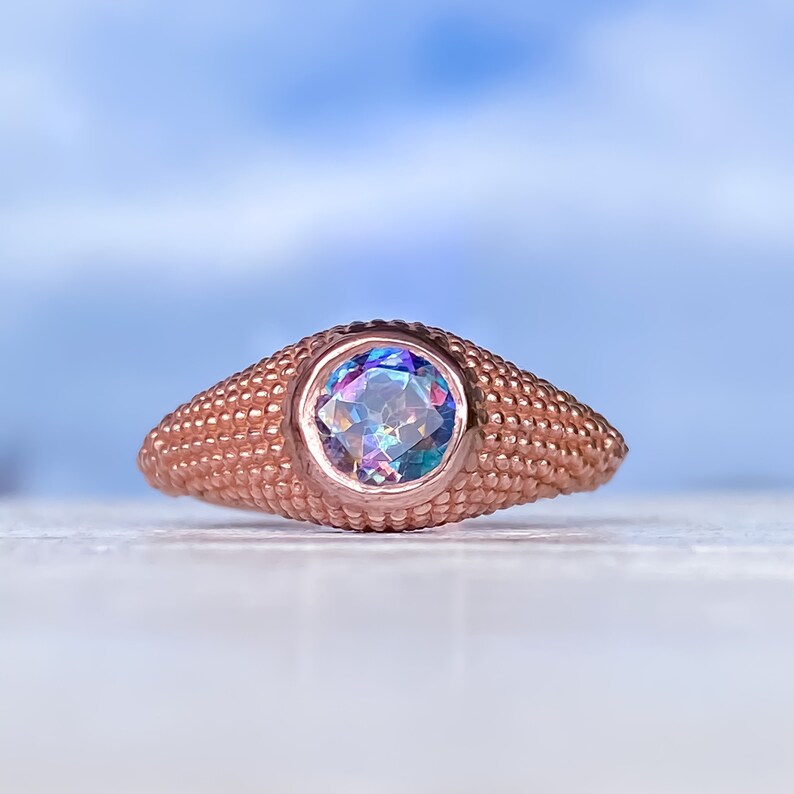 Mystic Blue Topaz Rose Gold Ring Round Mystic Garden Blue Topaz Ring Granulation Milgrain Signet Amethyst Gold Ring Size 7.25US