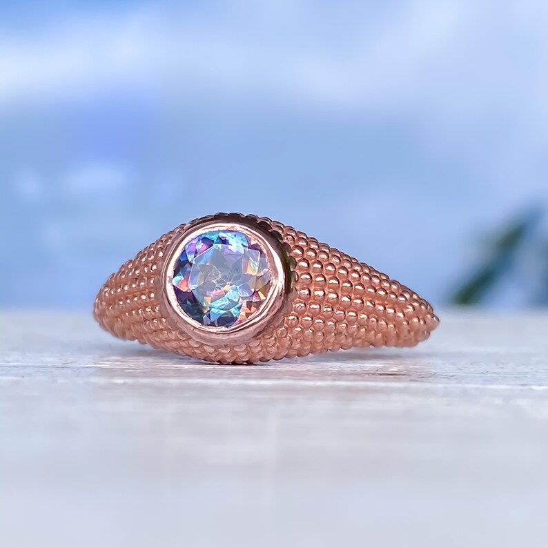 Mystic Blue Topaz Rose Gold Ring Round Mystic Garden Blue Topaz Ring Granulation Milgrain Signet Amethyst Gold Ring Size 7.25US