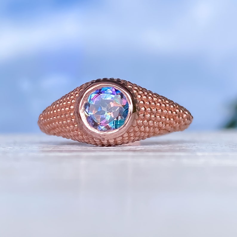 Mystic Blue Topaz Rose Gold Ring Round Mystic Garden Blue Topaz Ring Granulation Milgrain Signet Amethyst Gold Ring Size 7.25US