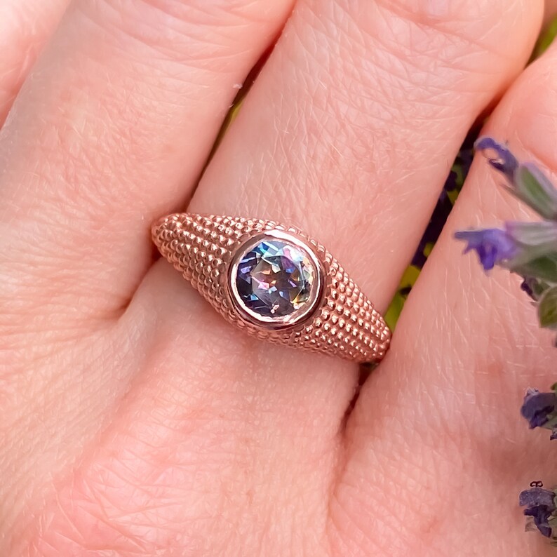 Mystic Blue Topaz Rose Gold Ring Round Mystic Garden Blue Topaz Ring Granulation Milgrain Signet Amethyst Gold Ring Size 7.25US