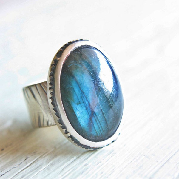 Blue Labradorite Ring Sterling Silver Cocktail Ring Size 7 1/4 Silversmithed Metalsmithed
