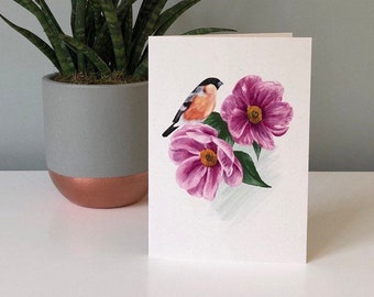 In the garden greetings card | Bullfinch greetings card | Blank greetings card | Illustrated card | Floral card | A6 greetings card