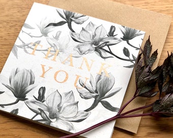 Thank you Magnolia Greetings Card | Thank you Card | Illustrated Card | Magnolia | Floral | Floral card | Copper foil | Monochrome