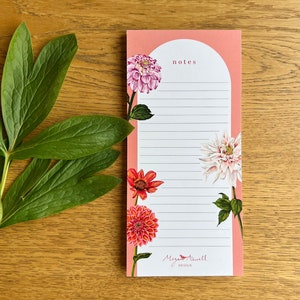 Bloc de notas magnético con flores de dalia / Bloc de notas para nevera / Bloc de notas floral / Bloc de notas para lista de compras