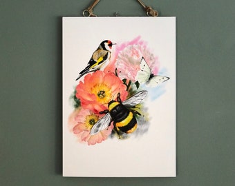 Nature Motif Art print | Wall art | Illustrated wall art | Bird | Bee | Butterfly A4 print