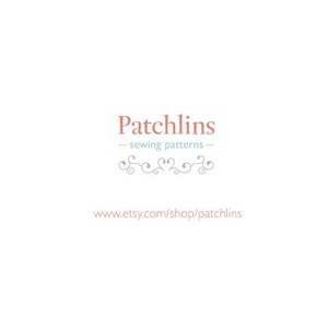 May include: Patchlins logo with the text "Patchlins - sewing patterns - www.etsy.com/shop/patchlins" in a light brown font. The logo is on a white background.