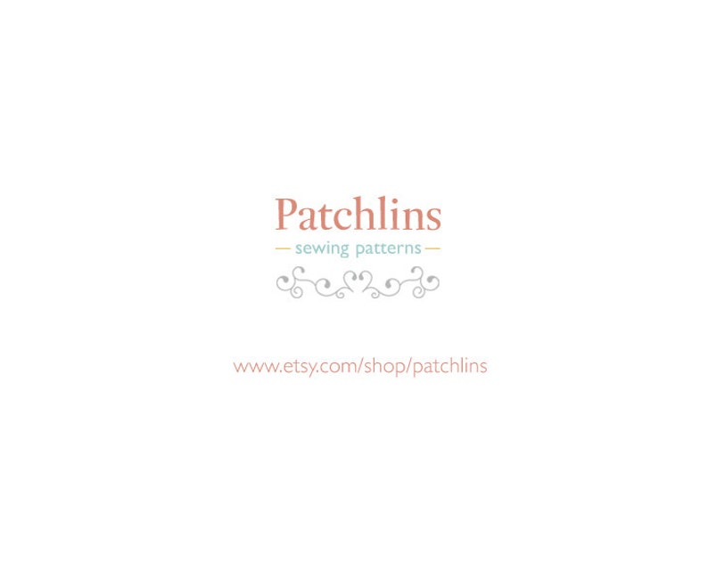 May include: Patchlins logo with the text "Patchlins - sewing patterns - www.etsy.com/shop/patchlins" in a light brown font. The logo is on a white background.