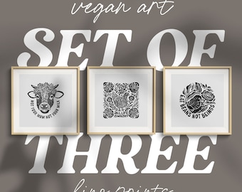 Set of 3 Vegan Lino Prints - Animal Rights | Animal Liberation | Activist Wall Art Poster