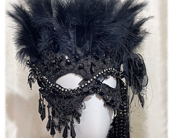 Masquerade Mask Black Feather and Lace Venetian Masquerade Ball, Gothic Mask, Whitby, Gothic Masquerade Mask, Eye Mask.