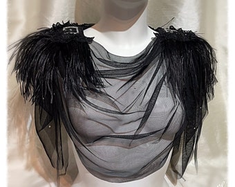 Amazing Grace Black Tulle Cowl Neck top Shoulder Adornment.