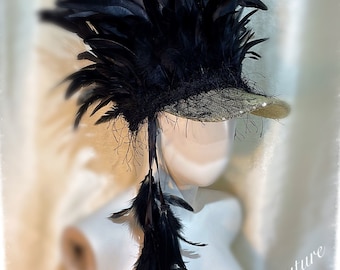 Festival Hat Black Feather and Gold Sequin with Feather Tassels Visor, Cap, Crown, Performer, headdress Burning man.