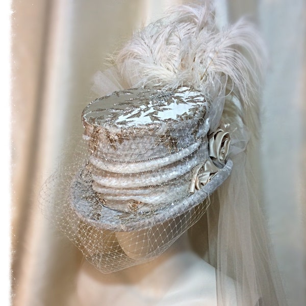 Vintage Style Ivory, Cream Velvet, Beaded Satin, Bridal Top Hat  Victorian Style, Steampunk, Vintage Wedding, Head size 21”-22 1/2”