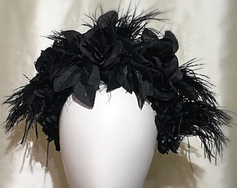 Black Rose and Ostrich Feather Headdress, Vampire, Whitby Goth, Halloween Headband.