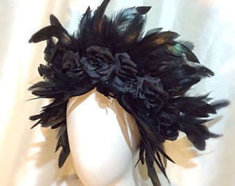 Black Gothic Rose and Feather Headdress, Whitby Goth, Halloween Headband, Rose Headpiece