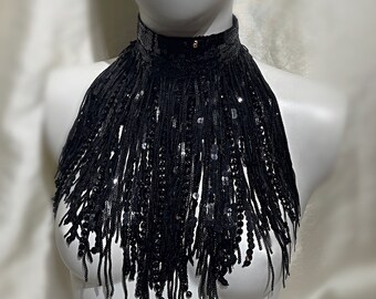 Black Choker Fringe Sequin Tassels Necklace, Fashion, New Year, Festival, Party, Accessory, Cosplay.