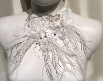 Vintage Victorian Inspired Ivory Lace and Feather Neckpiece, Collar, Ivory Lace