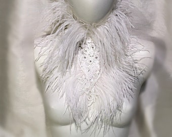 High Neck White Ostrich Feather Collar, Glamorous, Necklace, Neckpiece, Victorian, Steampunk, Bride
