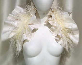 Ivory Cream Silk and Ostrich Feather Bridal Wedding Wrap Collar Ruffled Shrug.