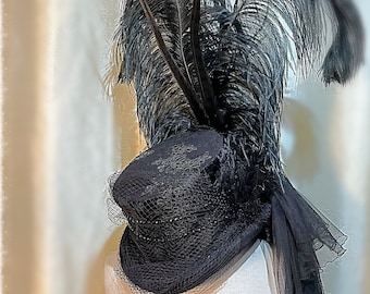 Black Gothic Top Hat Velvet, Lace and Ostrich Feather Steampunk, Bride, Whitby, Goth, Wedding, Halloween,