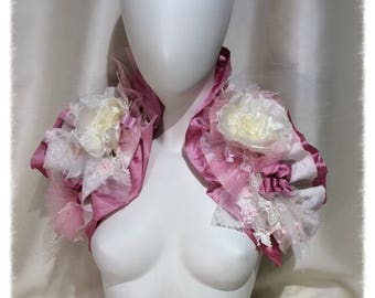 Pink Silk & Tulle Bridal Wedding Victorian Style Opera Wrap Collar Ruffled Shrug.