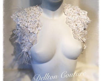 Ivory Pearl and Sequin Beaded Shrug Bolero Jacket. Size Extra Small Guipure Beaded  with Lace Feather. Made and ready to post.