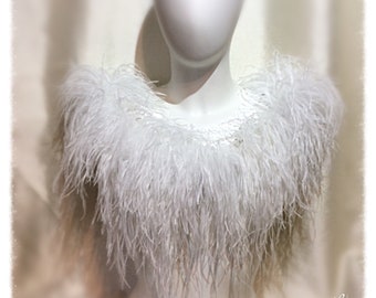 White Luxury Ostrich Feather and White Lace Cape Wedding shoulder cover up,