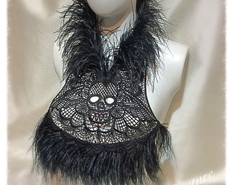 Day of the Dead Black Skull Lace and Ostrich Feather Bib, Collar, Cape, Necklace, Cover up, Feather neck