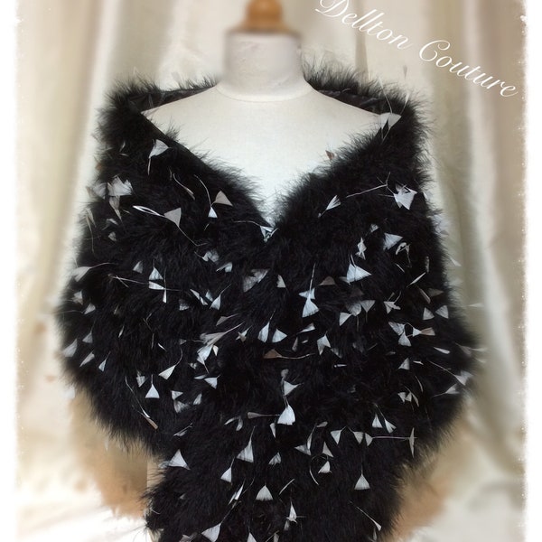 Black and White  Hollywood Luxury Marabou Feathers Wrap stole with 16 Mink Style Tails.