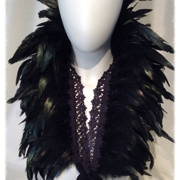 Black Coque Feather Collar Shrug Wrap with Black Guipure Lace and silk ties. Halloween Gothic, Steampunk.