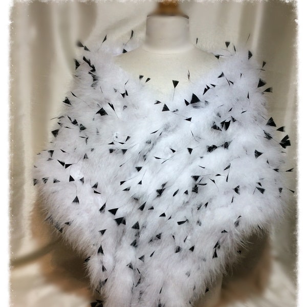 Black and White Ermine Style Garbo Hollywood Luxury Marabou Feathers Wrap stole with 16 Mink Style Tails.